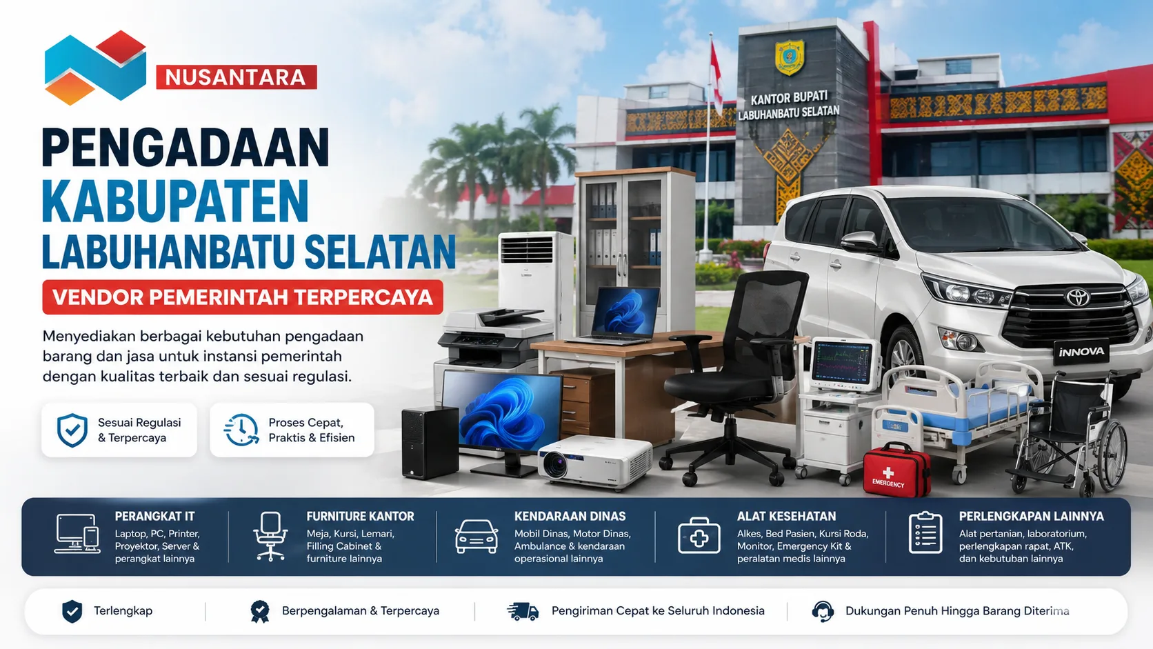 Banner pengadaan Kabupaten Labuhanbatu Selatan dengan logo Nusantara, menampilkan perangkat IT, furniture kantor, kendaraan dinas, dan alat kesehatan untuk kebutuhan instansi pemerintah.
