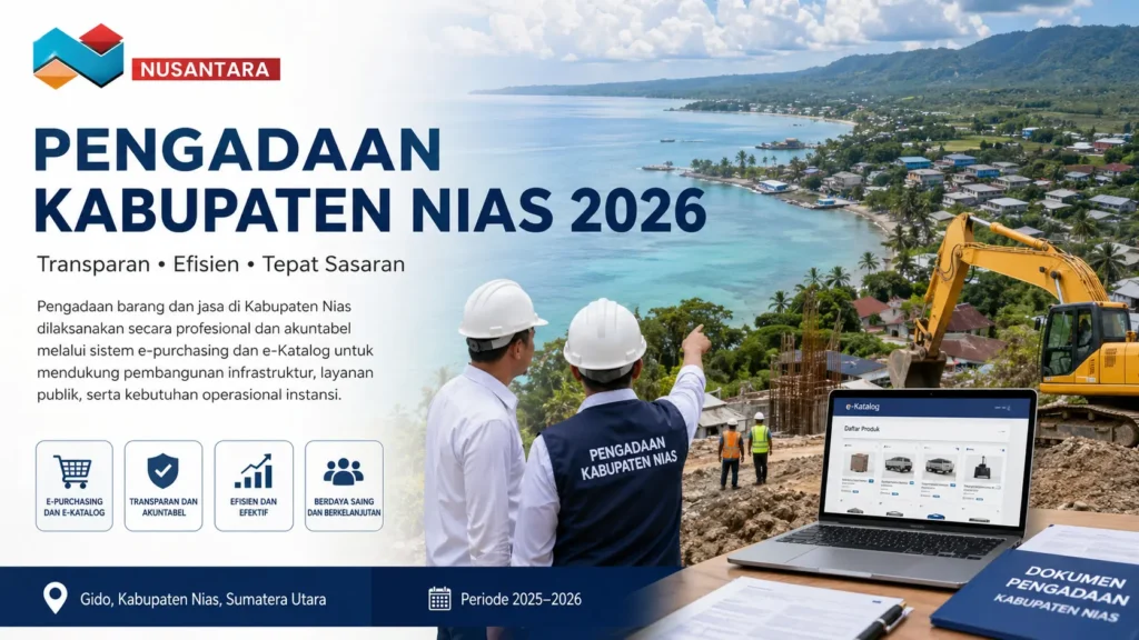 Banner “Pengadaan Kabupaten Nias 2026” dengan logo Nusantara, menampilkan proyek konstruksi di pesisir Nias, pekerja berhelm, dan laptop e-Katalog, menggambarkan pengadaan yang transparan dan efisien.