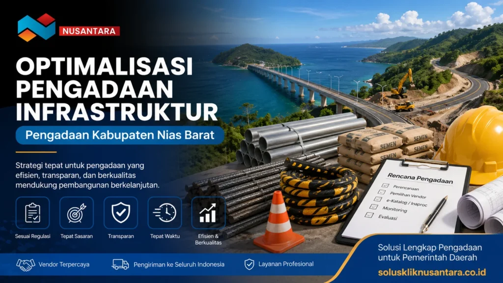 Banner pengadaan infrastruktur Kabupaten Nias Barat dengan ilustrasi jembatan, jalan, alat konstruksi, dan logo Solusi Klik Nusantara.