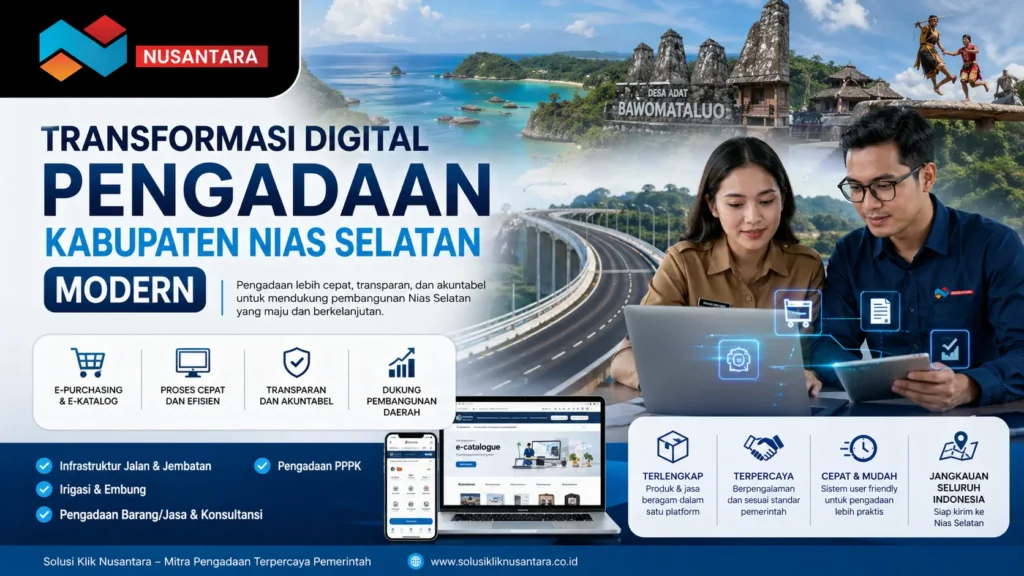Banner transformasi digital pengadaan Kabupaten Nias Selatan dengan logo Solusi Klik Nusantara, ilustrasi infrastruktur, budaya Nias, dan aktivitas pengadaan berbasis teknologi.