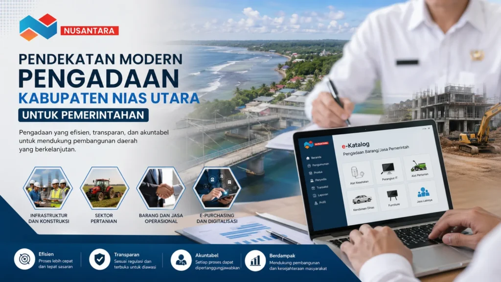Banner ilustrasi pengadaan Kabupaten Nias Utara dengan konsep modern, menampilkan logo Solusi Klik Nusantara, pemandangan pantai dan jembatan, aktivitas pembangunan infrastruktur.