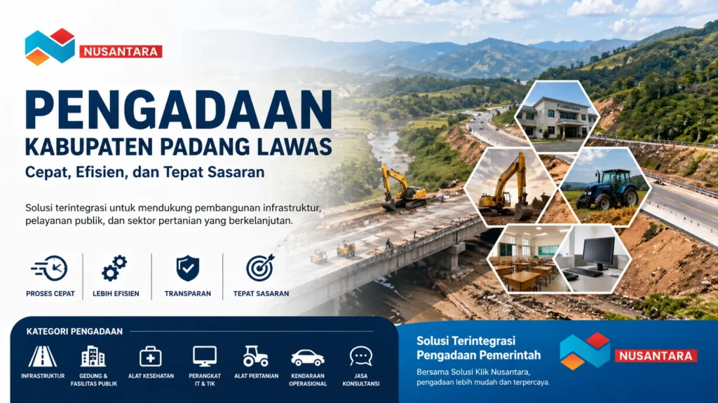 Banner pengadaan Kabupaten Padang Lawas dengan ilustrasi pembangunan infrastruktur, alat berat, fasilitas publik, dan logo Solusi Klik Nusantara.