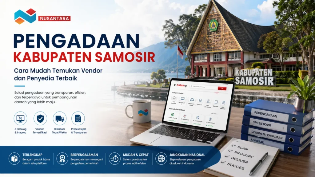 Banner pengadaan Kabupaten Samosir dengan latar Danau Toba, menampilkan laptop e-Katalog, dokumen pengadaan, dan logo Solusi Klik Nusantara.