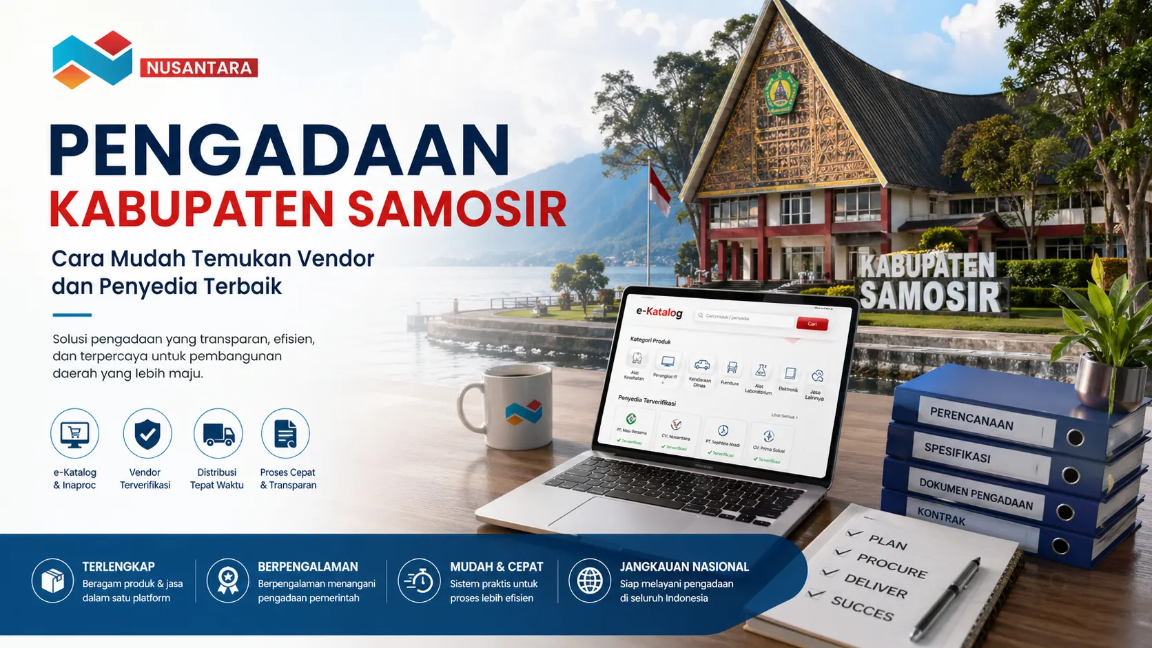 Banner pengadaan Kabupaten Samosir dengan latar Danau Toba, menampilkan laptop e-Katalog, dokumen pengadaan, dan logo Solusi Klik Nusantara.
