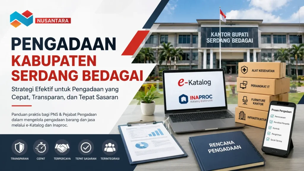 Ilustrasi pengadaan Kabupaten Serdang Bedagai dengan kantor bupati, e-Katalog, dokumen, dan kebutuhan barang serta logo Solusi Klik Nusantara.