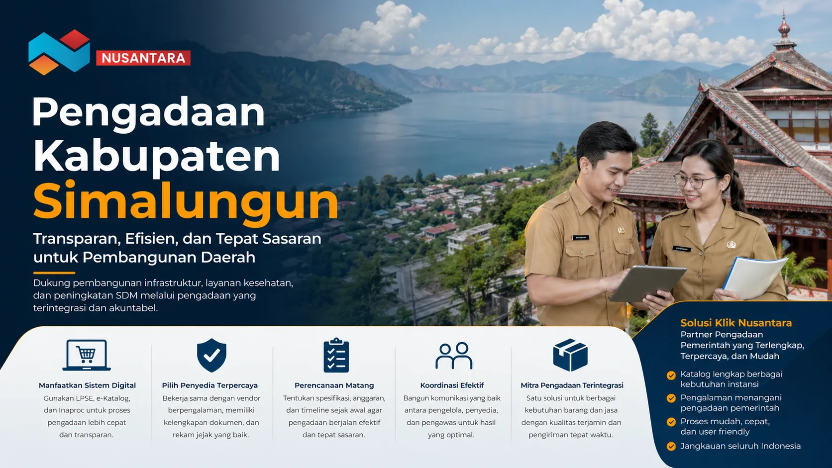 Banner ilustrasi pengadaan Kabupaten Simalungun dengan latar Danau Toba, menampilkan dua PNS sedang berdiskusi menggunakan tablet, dilengkapi poin solusi pengadaan digital serta logo Solusi Klik Nusantara.