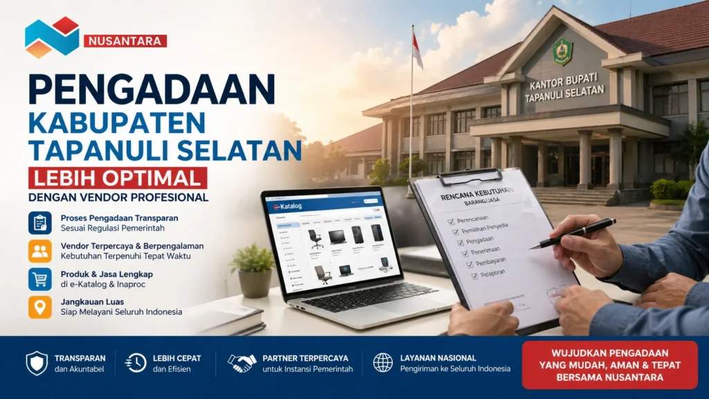 Banner promosi pengadaan Kabupaten Tapanuli Selatan dengan logo Nusantara, menampilkan gedung kantor pemerintah, laptop e-Katalog, dan dokumen checklist pengadaan.