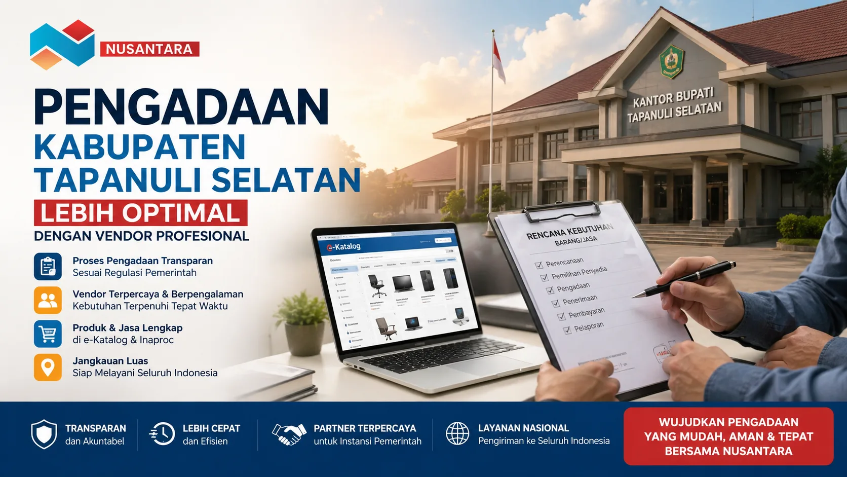 Banner promosi pengadaan Kabupaten Tapanuli Selatan dengan logo Nusantara, menampilkan gedung kantor pemerintah, laptop e-Katalog, dan dokumen checklist pengadaan.