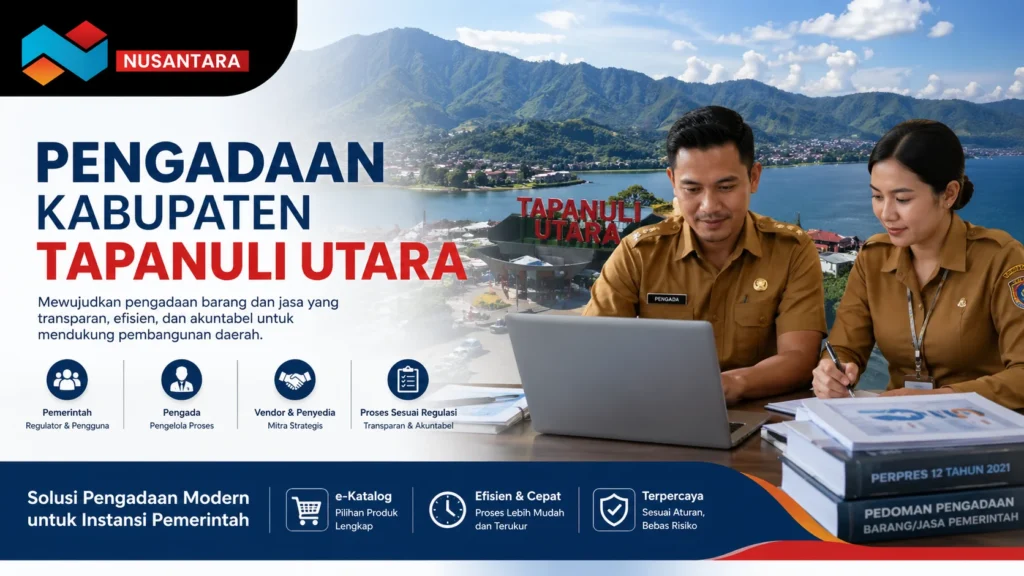 Banner profesional bertema pengadaan Kabupaten Tapanuli Utara yang menampilkan dua pegawai pemerintah sedang bekerja dengan laptop dan dokumen, berlatar pemandangan Danau dan pegunungan. Terdapat teks “Pengadaan Kabupaten Tapanuli Utara” serta poin peran pemerintah, pengada, dan vendor, dilengkapi logo Solusi Klik Nusantara.
