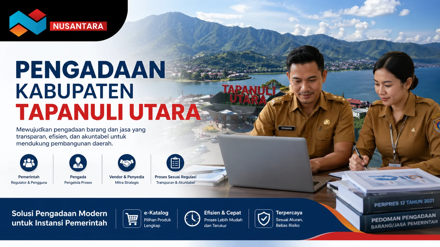 Banner profesional bertema pengadaan Kabupaten Tapanuli Utara yang menampilkan dua pegawai pemerintah sedang bekerja dengan laptop dan dokumen, berlatar pemandangan Danau dan pegunungan. Terdapat teks “Pengadaan Kabupaten Tapanuli Utara” serta poin peran pemerintah, pengada, dan vendor, dilengkapi logo Solusi Klik Nusantara.