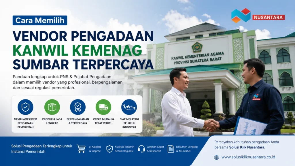 Tampilan banner profesional pengadaan Kanwil Kemenag Sumbar dengan gedung Kantor Wilayah Kementerian Agama Sumatera Barat dan logo Solusi Klik Nusantara
