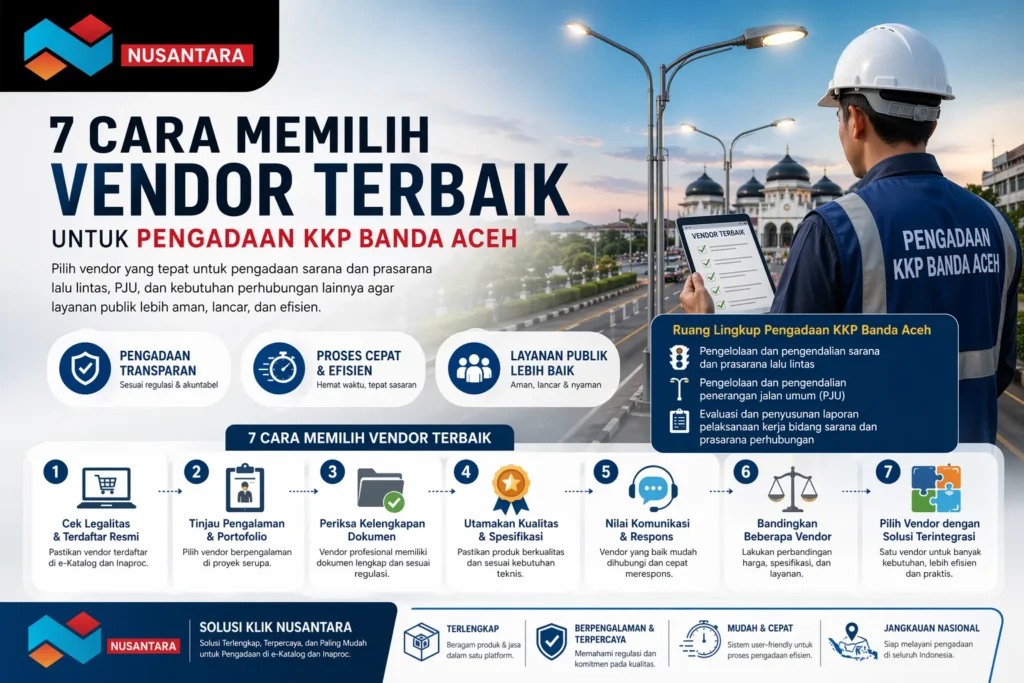 Infografis 7 cara memilih vendor terbaik untuk pengadaan KKP Banda Aceh dengan ilustrasi petugas lapangan, penerangan jalan umum (PJU), serta logo Solusi Klik Nusantara