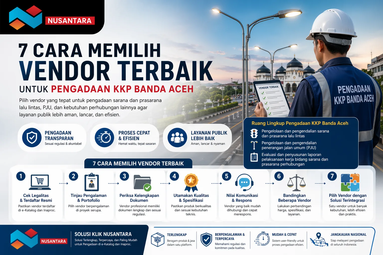 Infografis 7 cara memilih vendor terbaik untuk pengadaan KKP Banda Aceh dengan ilustrasi petugas lapangan, penerangan jalan umum (PJU), serta logo Solusi Klik Nusantara