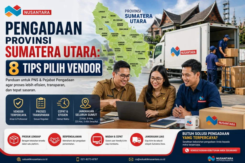 Desain banner pengadaan Provinsi Sumatera Utara dengan 8 tips memilih vendor, menampilkan peta Sumut, aktivitas distribusi logistik, serta branding Solusi Klik Nusantara