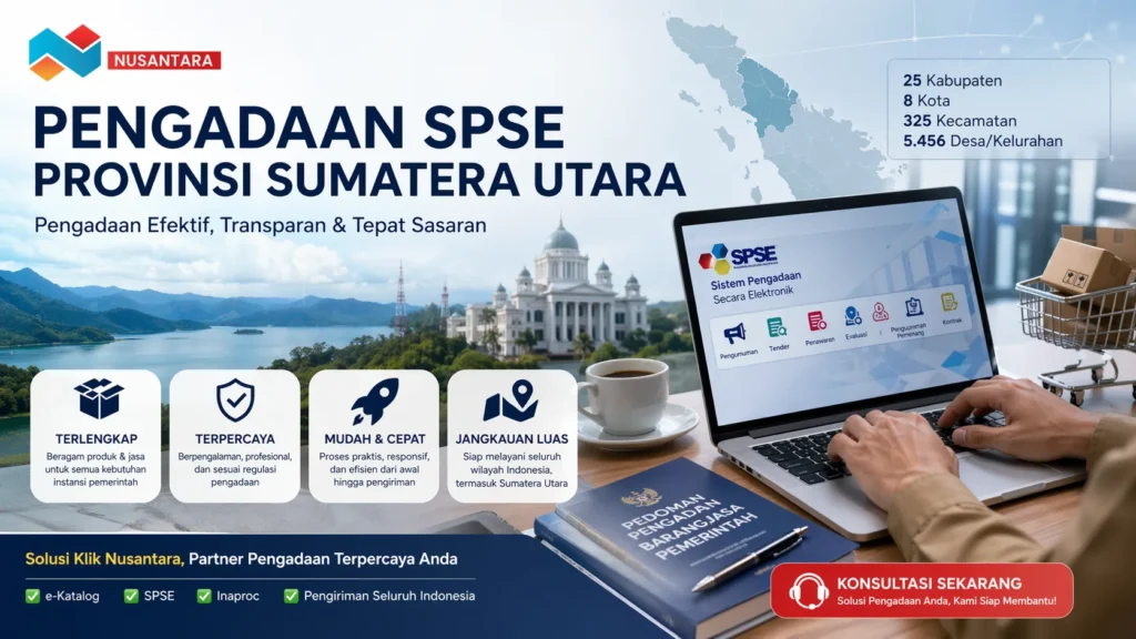 Ilustrasi pengadaan SPSE Provinsi Sumatera Utara dengan sistem digital, vendor terpercaya, dan layanan Solusi Klik Nusantara untuk pengadaan pemerintah yang efektif dan transparan.