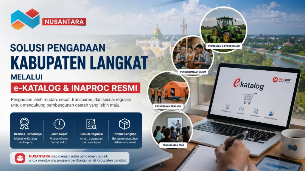 Banner Solusi Pengadaan Kabupaten Langkat melalui e-Katalog dan Inaproc resmi dengan logo Nusantara, laptop digital, sektor pertanian, UMKM, kebencanaan, dan peningkatan SDM.