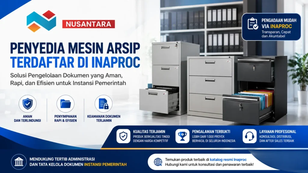Banner penyedia mesin arsip terdaftar di Inaproc dengan ilustrasi filing cabinet modern, lemari arsip dokumen, dan sistem penyimpanan administrasi untuk instansi pemerintah.