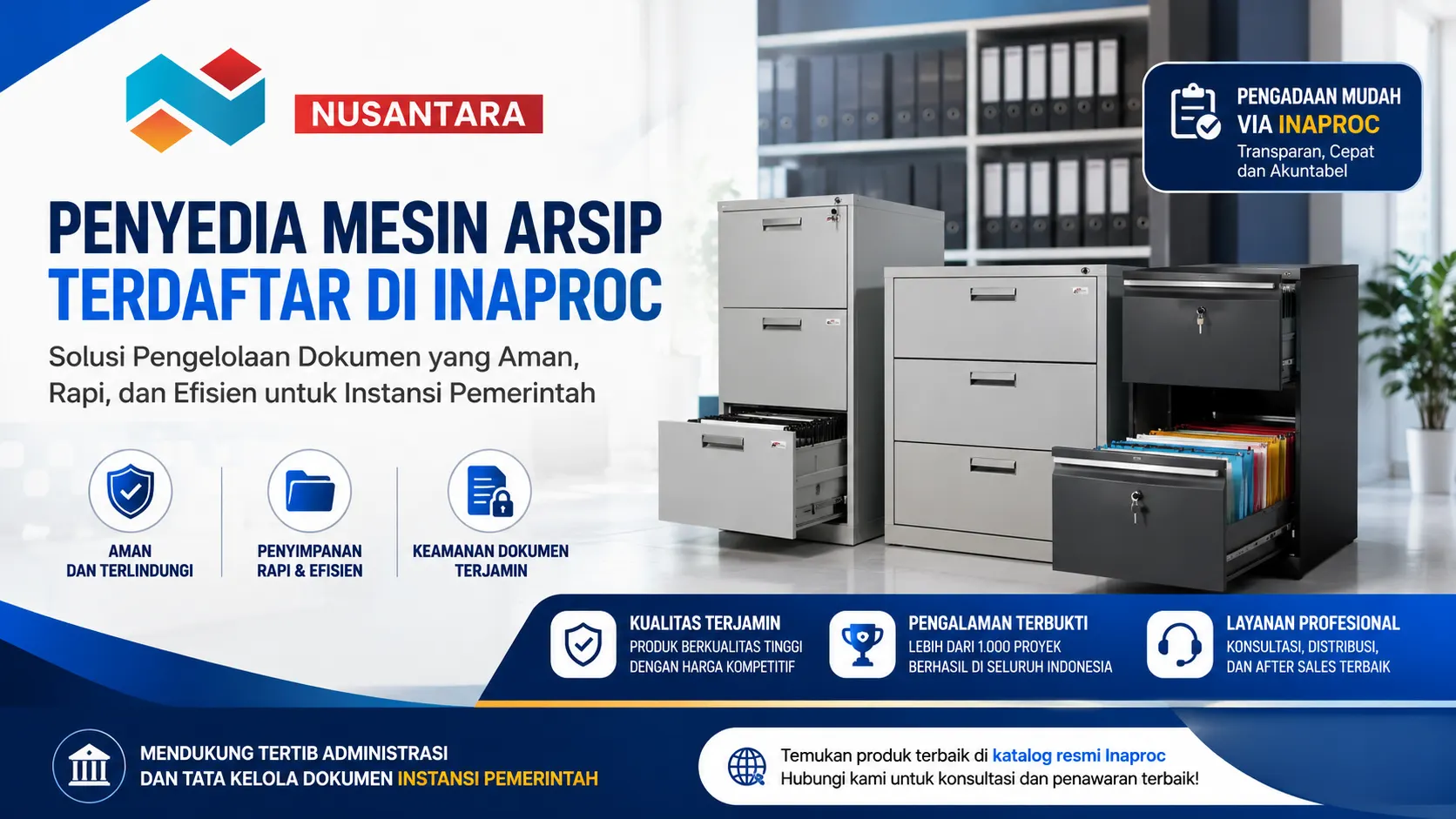 Banner penyedia mesin arsip terdaftar di Inaproc dengan ilustrasi filing cabinet modern, lemari arsip dokumen, dan sistem penyimpanan administrasi untuk instansi pemerintah.