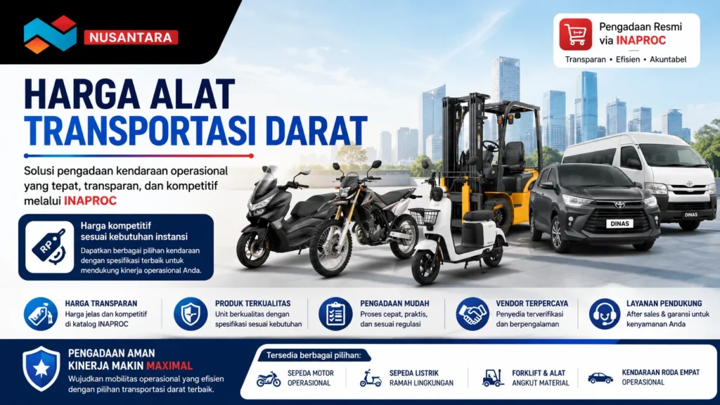 Banner harga alat transportasi darat dengan ilustrasi motor operasional, sepeda listrik, forklift, mobil dinas, dan kendaraan distribusi untuk kebutuhan pengadaan instansi pemerintah.