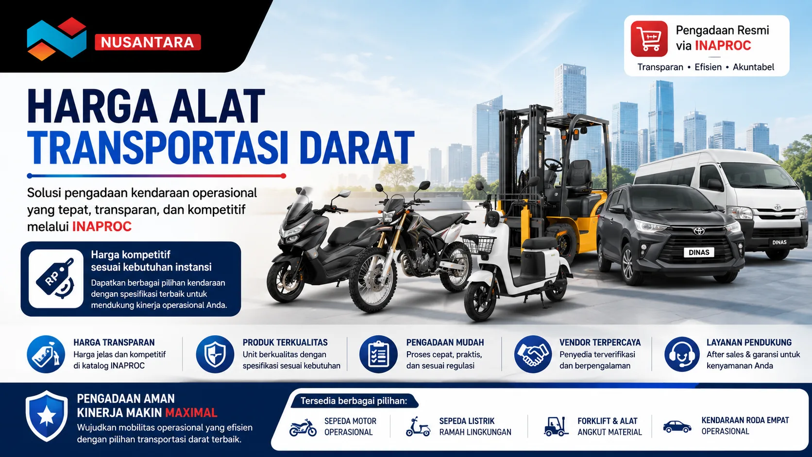 Banner harga alat transportasi darat dengan ilustrasi motor operasional, sepeda listrik, forklift, mobil dinas, dan kendaraan distribusi untuk kebutuhan pengadaan instansi pemerintah.