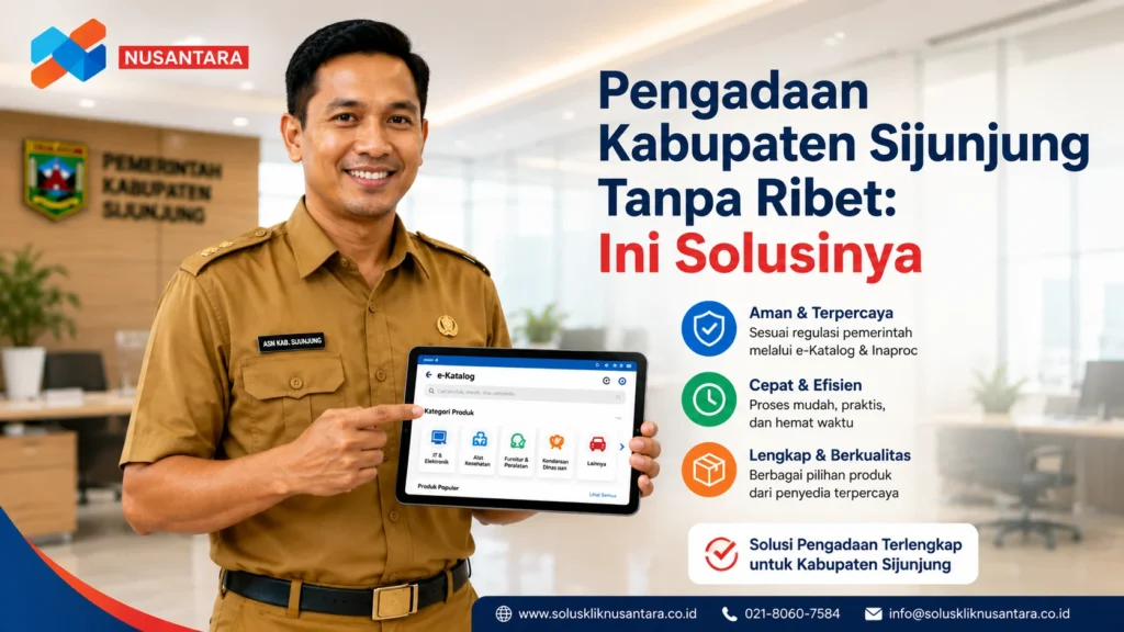 eorang ASN Kabupaten Sijunjung mengenakan seragam cokelat memegang tablet berisi dashboard e-Katalog di kantor pemerintahan modern untuk solusi pengadaan barang dan jasa yang mudah dan profesional.