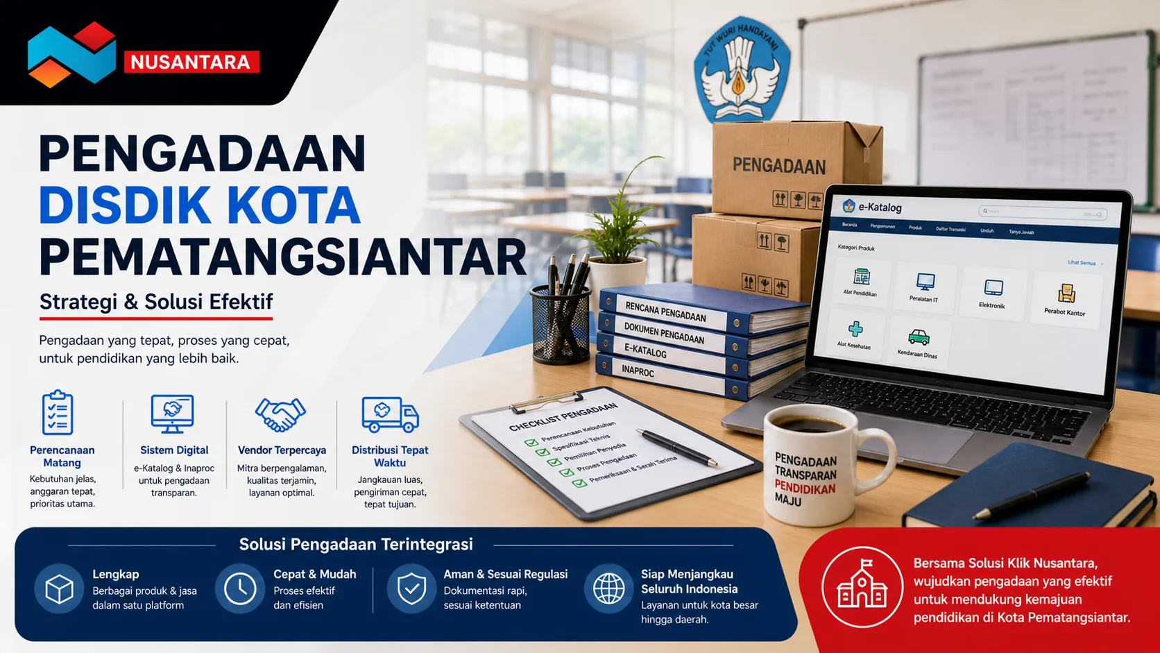 Banner ilustrasi pengadaan DisDik Kota Pematangsiantar dengan tim PNS sedang berdiskusi di kantor, menampilkan strategi pengadaan efektif, penggunaan e-Katalog dan Inaproc, serta elemen dokumen dan perangkat kerja dengan branding Solusi Klik Nusantara.