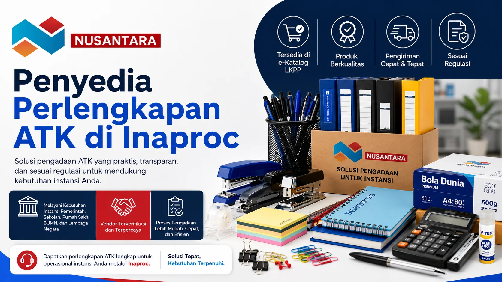 penyedia perlengkapan ATK Inaproc menampilkan berbagai alat tulis kantor seperti map arsip, pulpen, buku, kalkulator, dan kertas HVS dengan branding Solusi Klik Nusantara untuk kebutuhan pengadaan instansi pemerintah.