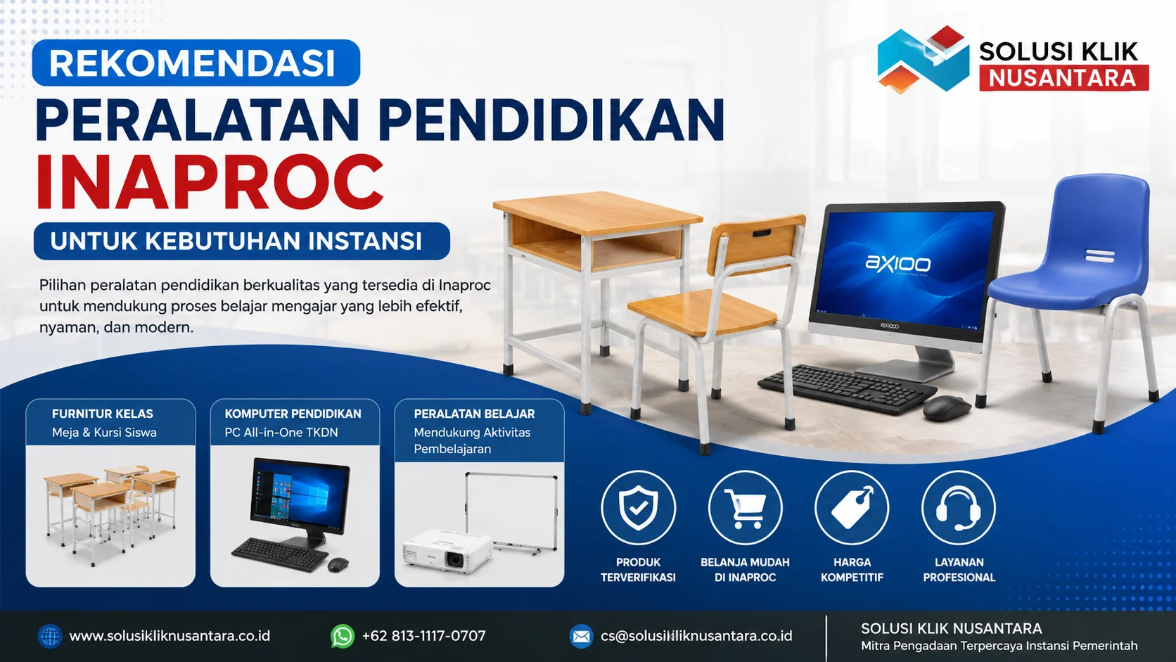 Rekomendasi Peralatan Pendidikan Inaproc untuk kebutuhan instansi dengan meja siswa, kursi, komputer pendidikan, dan logo Solusi Klik Nusantara.