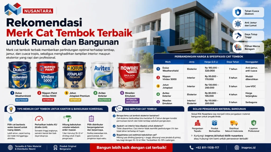 Rekomendasi cat tembok terbaik untuk rumah dan bangunan, menampilkan rekomendasi Dulux, Nippon Paint, Jotun, Avitex, dan Mowilex dengan logo Solusi Klik Nusantara.