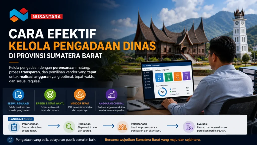 Infografis banner bertema pengadaan dinas di Provinsi Sumatera Barat dengan logo “Nusantara” di kiri atas. Judul besar berbunyi “Cara Efektif Kelola Pengadaan Dinas di Provinsi Sumatera Barat”.