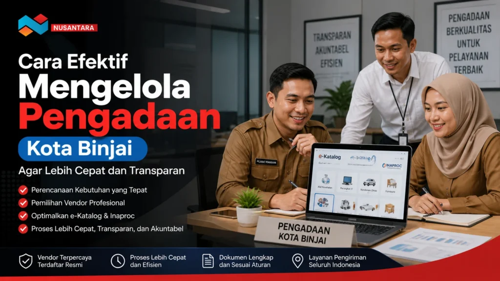 Ilustrasi pengadaan Kota Binjai dengan tim PNS menggunakan e-Katalog bersama Solusi Klik Nusantara di kantor modern.