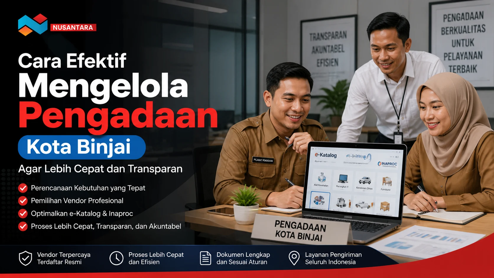 Ilustrasi pengadaan Kota Binjai dengan tim PNS menggunakan e-Katalog bersama Solusi Klik Nusantara di kantor modern.