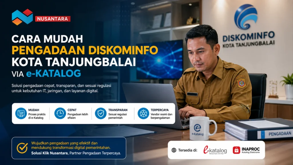 Alt text: Banner pengadaan DISKOMINFO Tanjungbalai via e-Katalog dengan PNS bekerja di kantor modern dan logo Solusi Klik Nusantara.