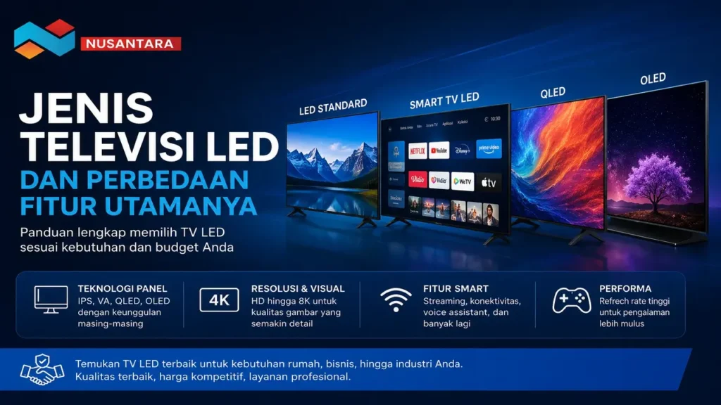 Jenis televisi LED dan perbedaan fitur utamanya mulai dari LED standard, Smart TV LED, QLED, hingga OLED