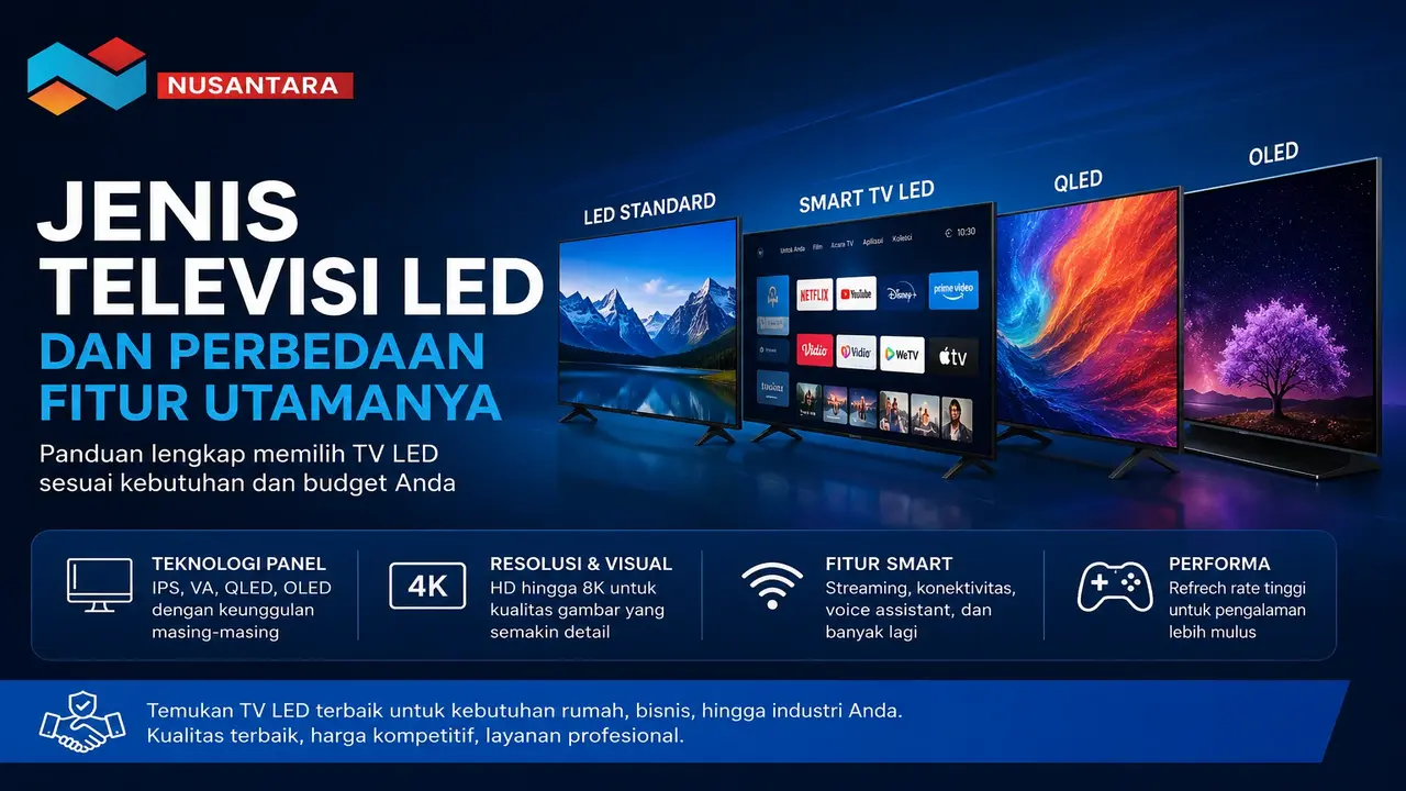 Jenis televisi LED dan perbedaan fitur utamanya mulai dari LED standard, Smart TV LED, QLED, hingga OLED