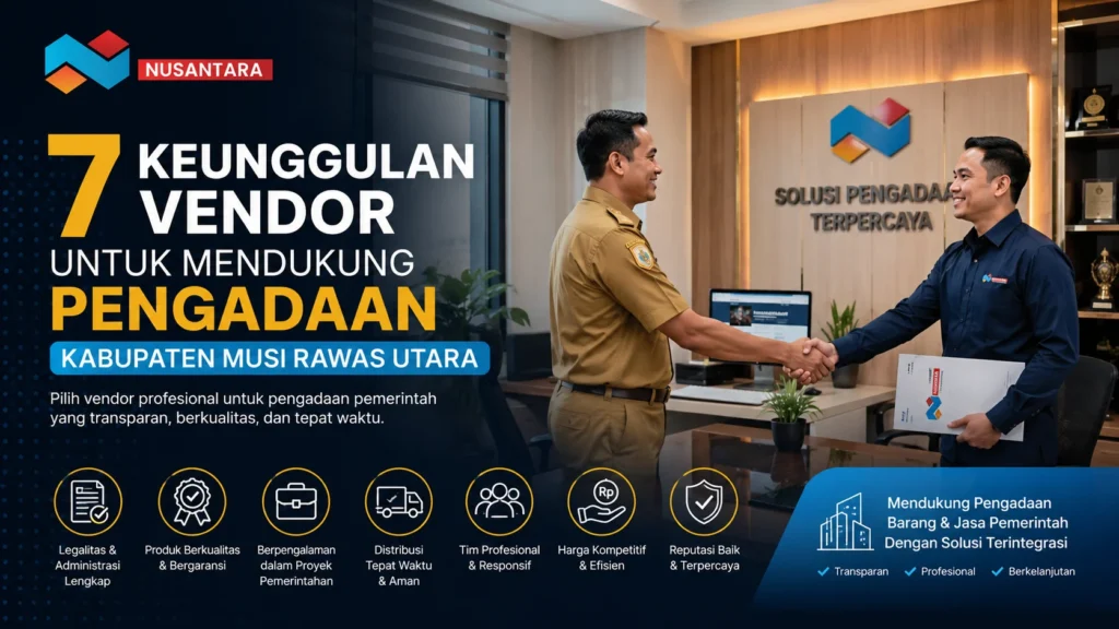 Ilustrasi vendor pengadaan pemerintah Kabupaten Musi Rawas Utara dengan logo Solusi Klik Nusantara dan informasi 7 keunggulan vendor profesional.