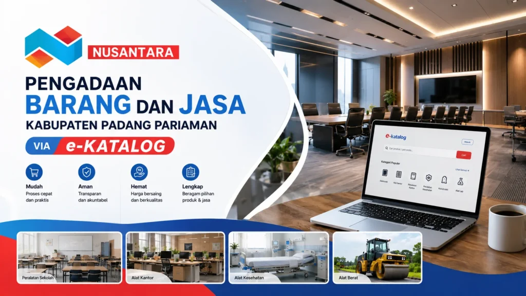Banner pengadaan barang dan jasa Kabupaten Padang Pariaman via e-Katalog dengan tampilan kantor modern dan sistem digital procurement.