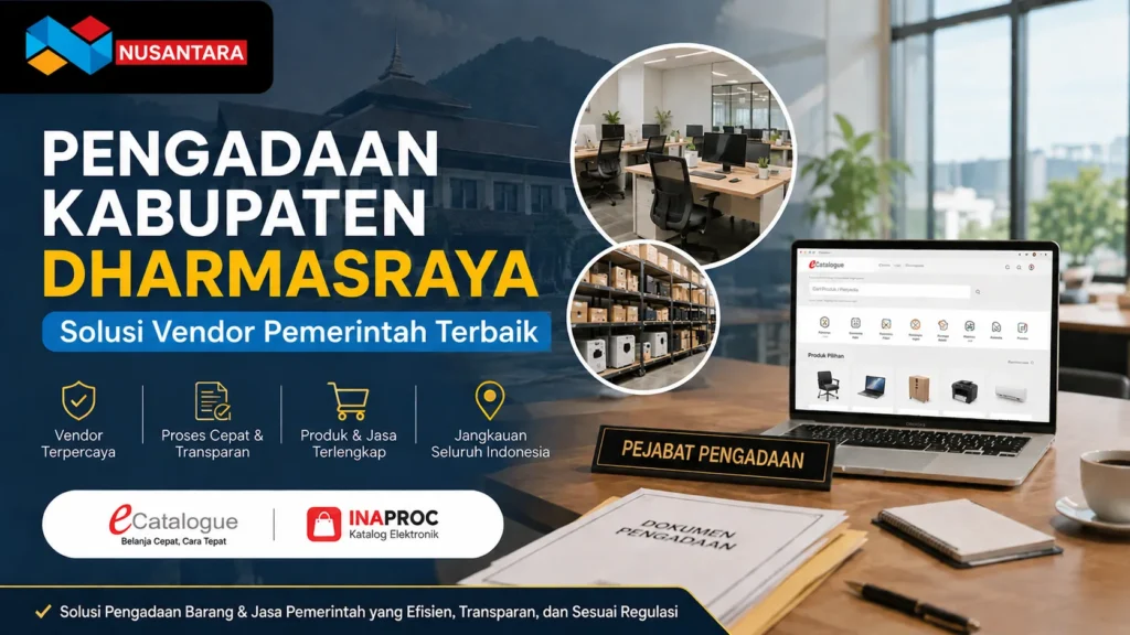 Banner pengadaan Kabupaten Dharmasraya dengan tampilan kantor modern, laptop e-Katalog, dan logo Solusi Klik Nusantara.