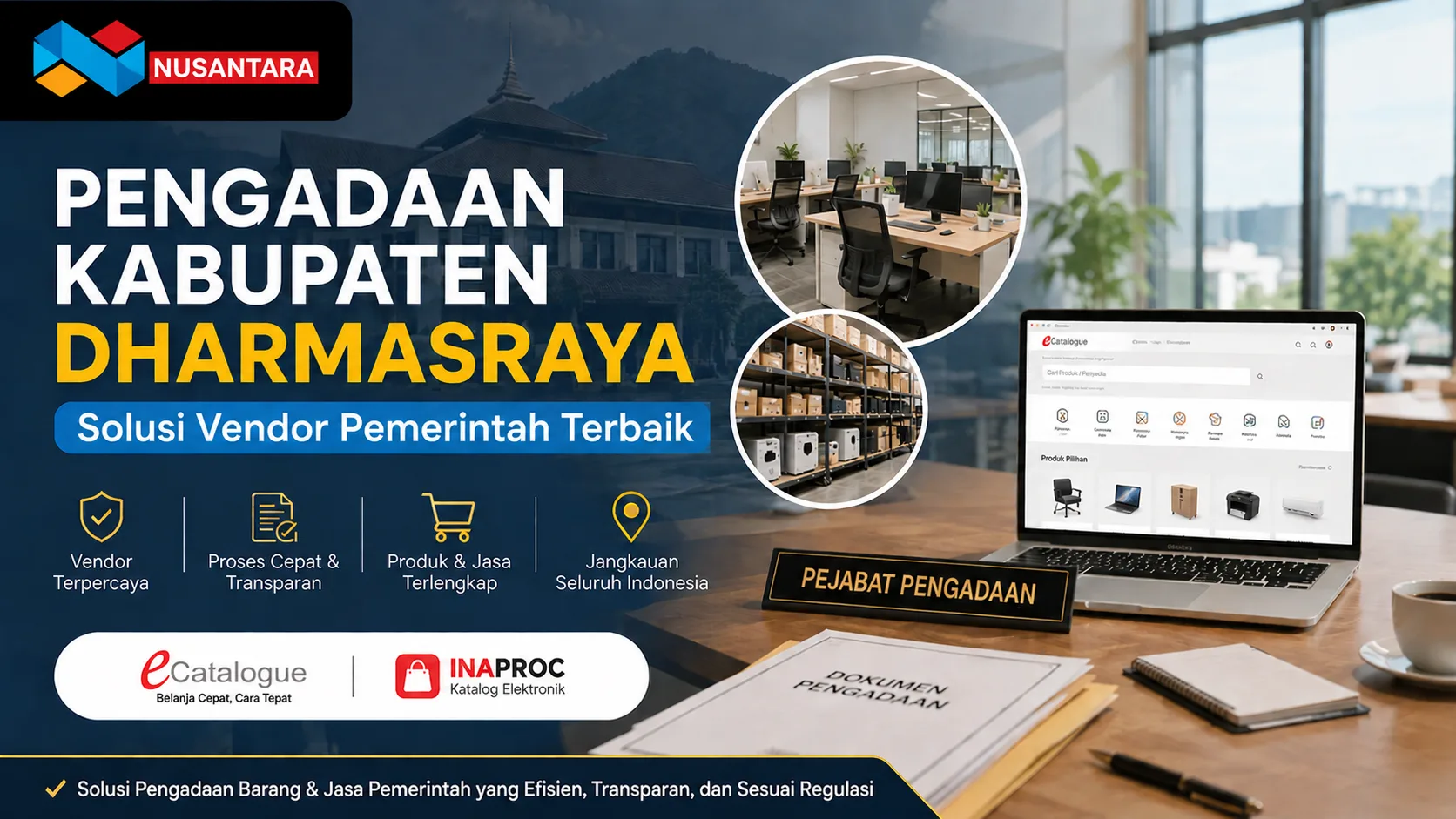 Banner pengadaan Kabupaten Dharmasraya dengan tampilan kantor modern, laptop e-Katalog, dan logo Solusi Klik Nusantara.