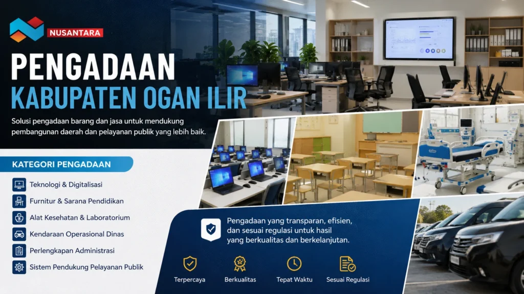 Banner pengadaan Kabupaten Ogan Ilir menampilkan layanan pengadaan teknologi, furnitur pendidikan, alat kesehatan, kendaraan operasional, dan sistem digital pemerintahan dengan desain modern serta logo Solusi Klik Nusantara.