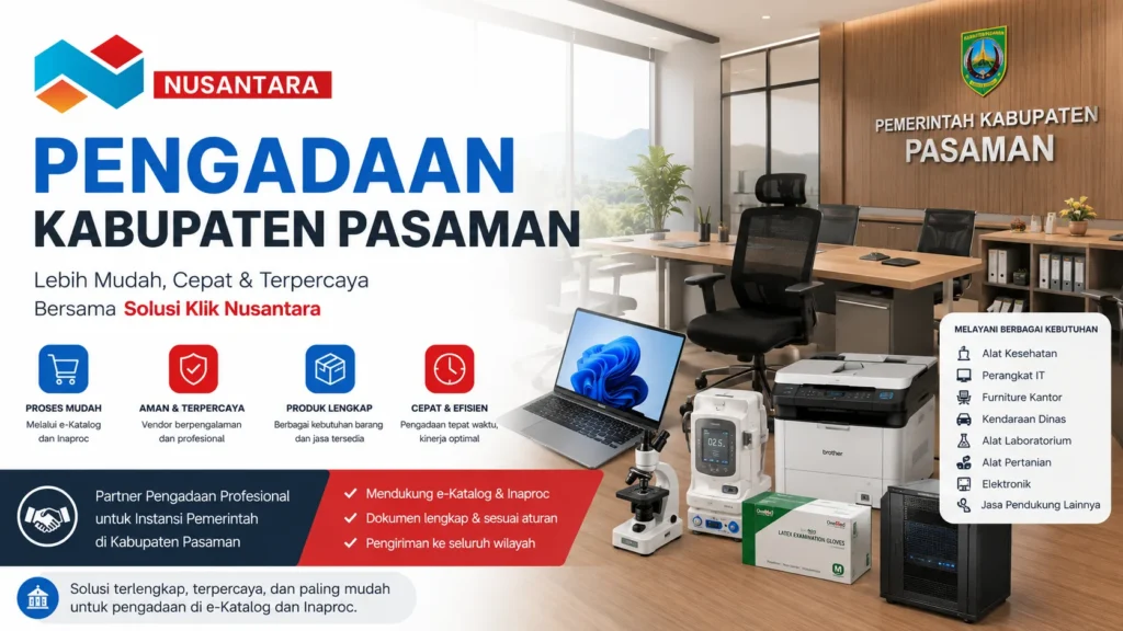 Banner pengadaan Kabupaten Pasaman bersama Solusi Klik Nusantara untuk layanan e-Katalog dan Inaproc.