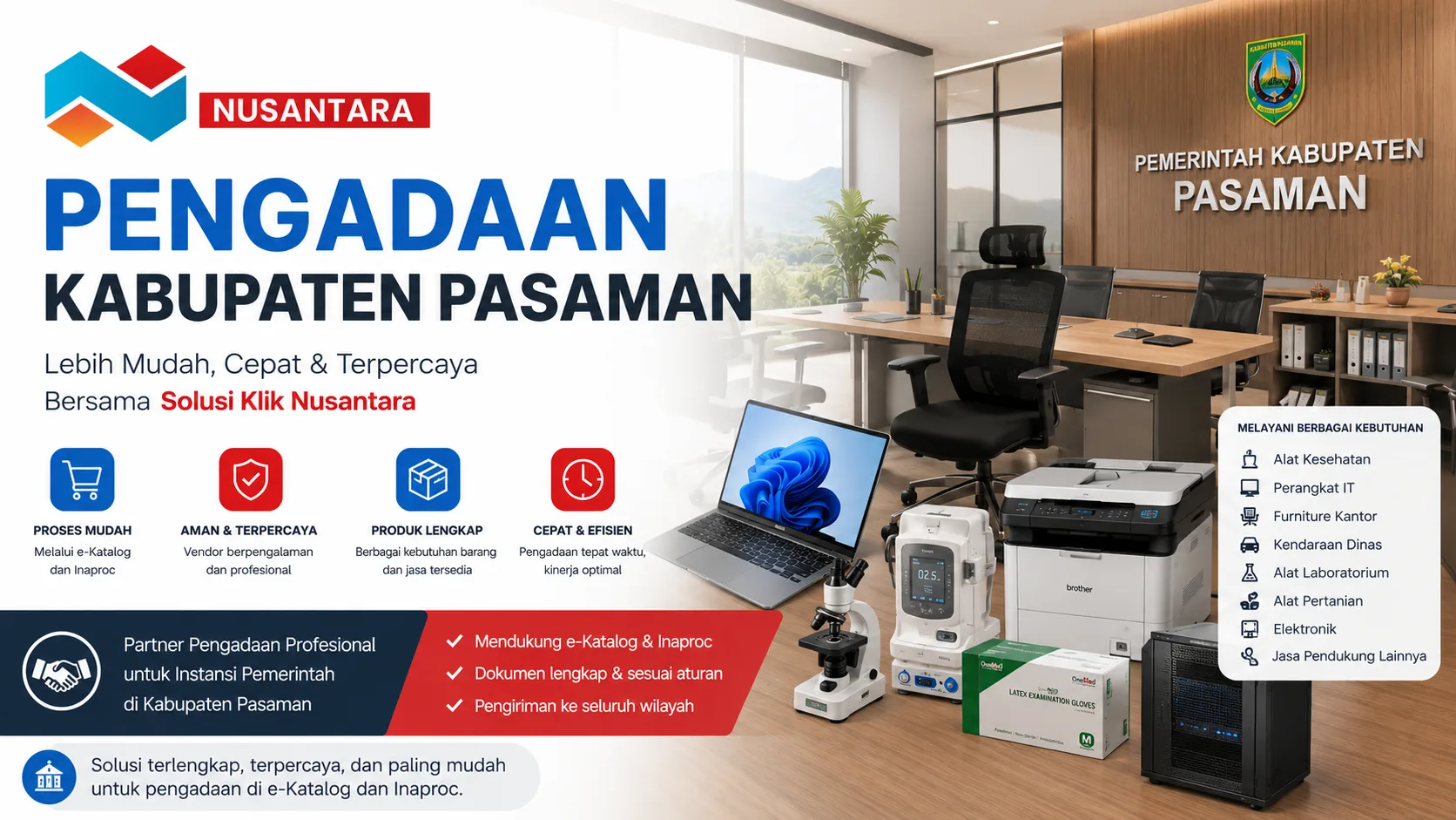 Banner pengadaan Kabupaten Pasaman bersama Solusi Klik Nusantara untuk layanan e-Katalog dan Inaproc.
