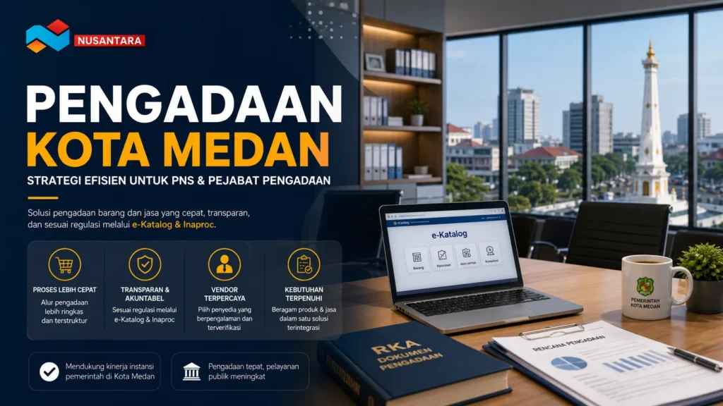 Banner pengadaan Kota Medan dengan desain profesional menampilkan interior kantor modern, laptop dengan tampilan e-Katalog, dokumen pengadaan, serta latar belakang Tugu SIB Medan.