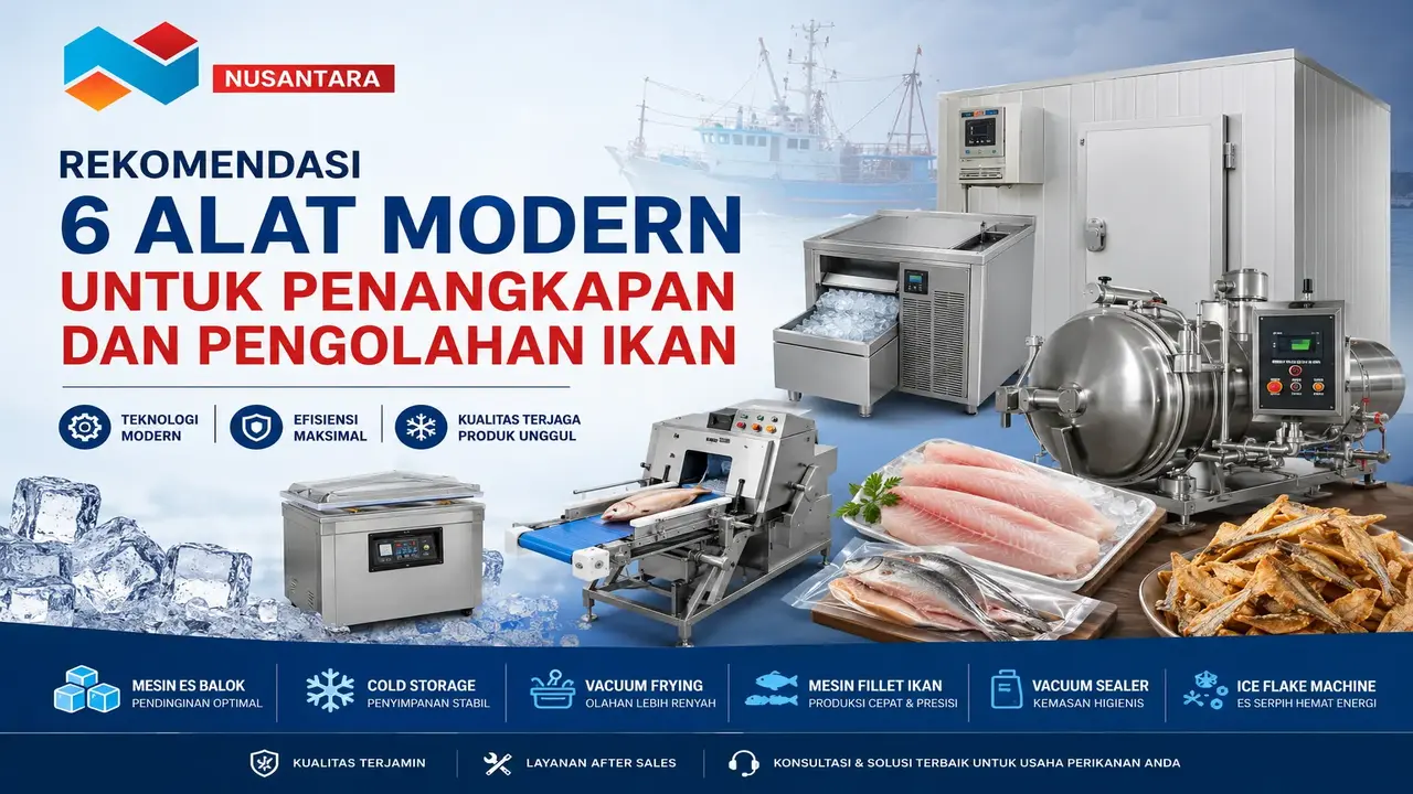Peralatan pengolahan ikan modern seperti cold storage, vacuum sealer, mesin fillet ikan, dan mesin es balok untuk industri perikanan