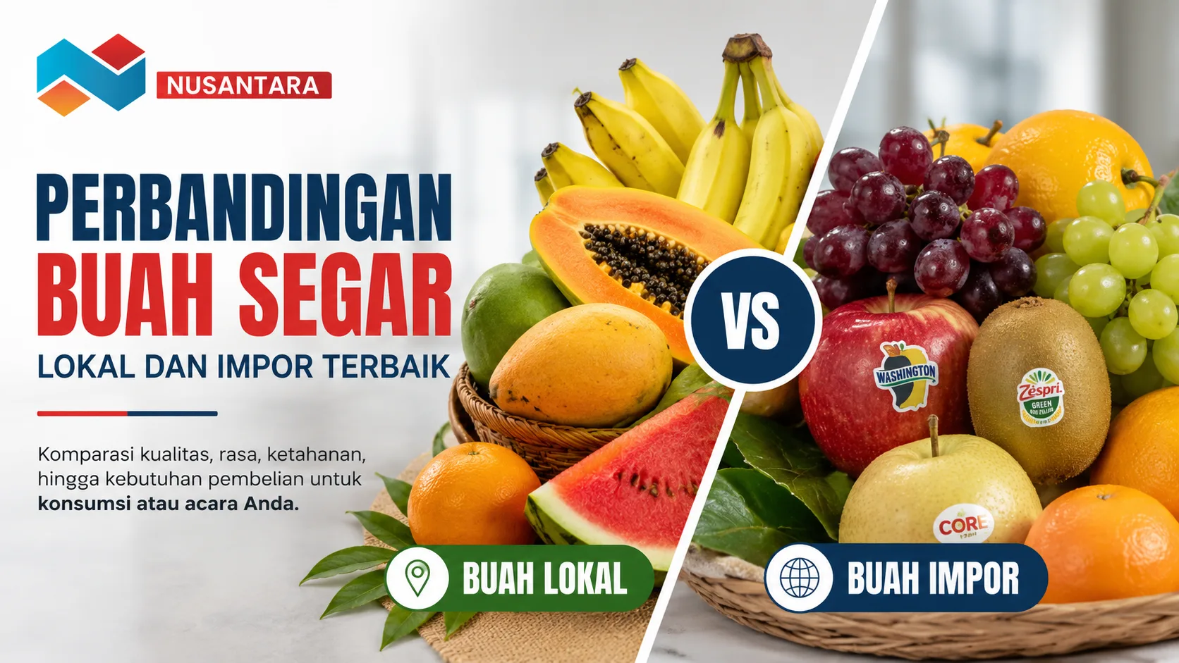 Ilustrasi gambar perbandingan buah segar lokal dan impor terbaik untuk kebutuhan konsumsi dan acara