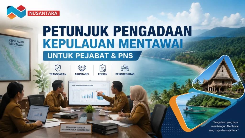 Petunjuk Pengadaan Kepulauan Mentawai” menampilkan rapat ASN di kantor dengan latar pantai Mentawai, logo Nusantara, serta ikon nilai transparan, akuntabel, efisien, dan berintegritas.