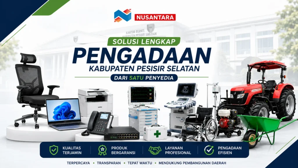 Banner promosi profesional Solusi Lengkap Pengadaan Kabupaten Pesisir Selatan dengan tampilan produk pengadaan modern, nuansa korporat biru-hijau, dan desain premium rapi.