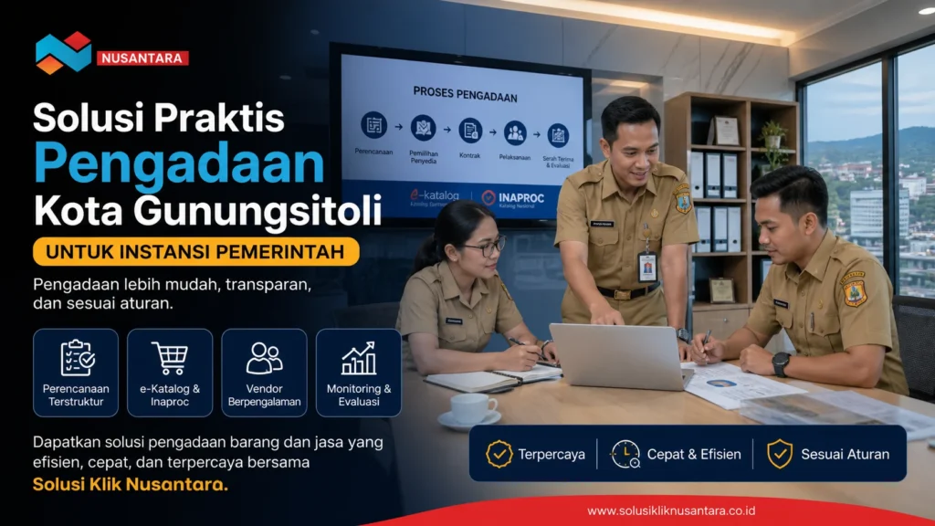 PNS berdiskusi pengadaan Kota Gunungsitoli di kantor modern dengan e-Katalog dan Inaproc.