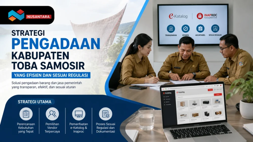 Banner strategi pengadaan Kabupaten Toba Samosir dengan ilustrasi PNS rapat dan sistem e-Katalog serta Inaproc