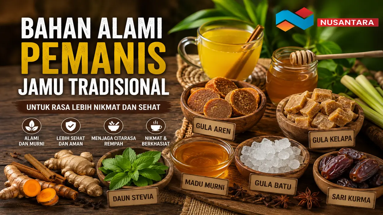 Bahan alami pemanis jamu tradisional seperti madu, gula aren, gula kelapa, dan stevia untuk menghasilkan jamu yang lebih nikmat dan sehat.